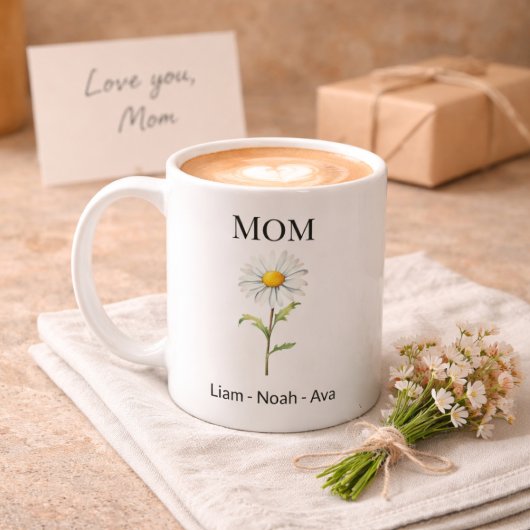 Mom April Birth Flower with Kids Names コーヒーマグカップ