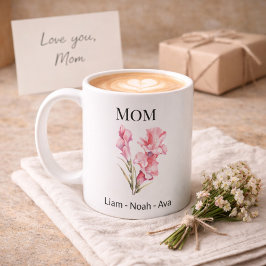 Mom August Birth Flower with Kids Names コーヒーマグカップ