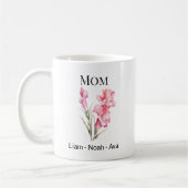 Mom August Birth Flower with Kids Names コーヒーマグカップ (左)