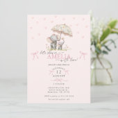 Mom & Baby Elephant with Umbrella Baby Girl Shower 招待状 (スタンド正面)