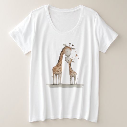 Mom & Baby Giraffe Cute Illustration プラスサイズTシャツ (デザイン正面)