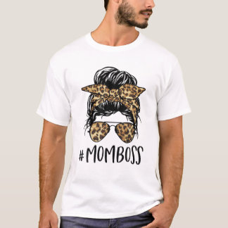 Mom Boss Messy Bun Leopard Glasses Bandana Mama Mo Tシャツ