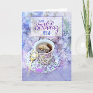 Mom Cup of Tea and Purple Flowers誕生日 カード