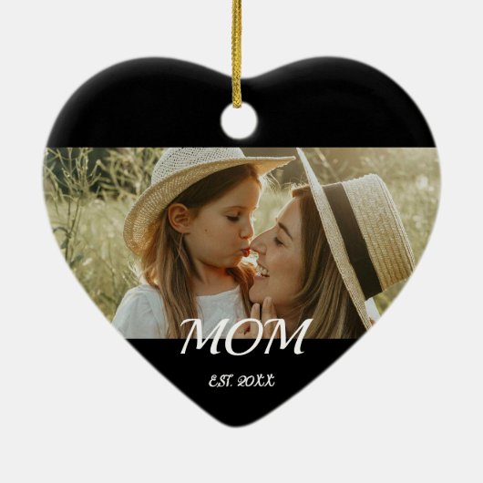 Mom Est. Black White Script Mothers Day Photo  Cer セラミックオーナメント (裏面)