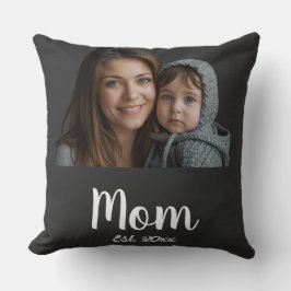 Mom Est. with year Black Modern Script and photo  クッション