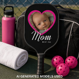 Mom Established スクリプト ピンクハート 写真 ブラック カーボン ピックルボールラケット