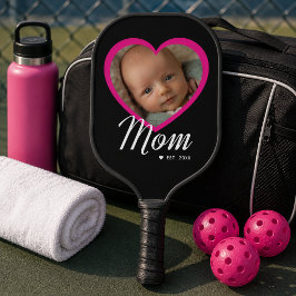 Mom Established スクリプト ピンクハート 写真 ブラック カーボン ピックルボールラケット