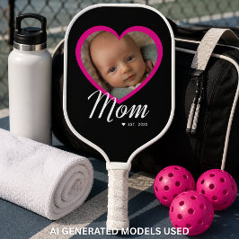 Mom Established スクリプト ピンクハート 写真 ブラック ピックルボールラケット