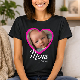 Mom Established スクリプト ピンクハート 写真 ブラック Tシャツ