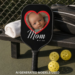 Mom Established スクリプト 赤 ハート 写真 ブラック ピックルボールラケット