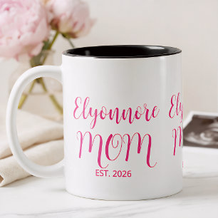 Mom Established ピンクスクリプト名入り ツートーンマグカップ