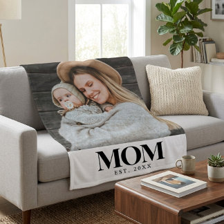 Mom Established ブラックタイポグラフィー 写真ギフト フリースブランケット
