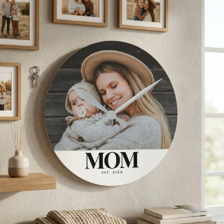Mom Established ブラックタイポグラフィー 写真ギフト ラウンド壁時計