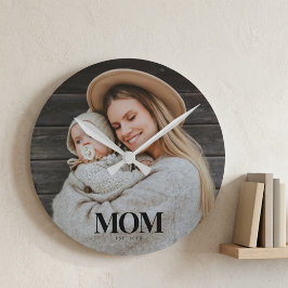 Mom Established ブラックタイポグラフィー 写真ギフト ラウンド壁時計