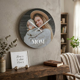 Mom Established ホワイトタイポグラフィフォトギフト ラウンド壁時計