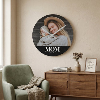 Mom Established ホワイトタイポグラフィー写真ギフト ラウンド壁時計