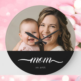 Mom Established モダン ホワイト スクリプト 写真 ラージ壁時計