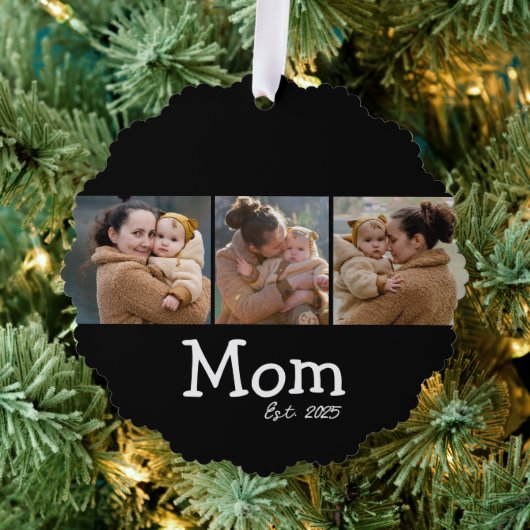 Mom Established 太字テキスト 3 写真 ブラック オーナメントカード (インサイチュ (木))