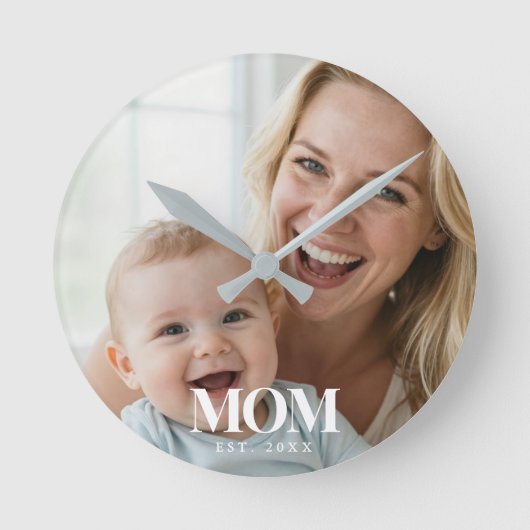 MOM Established 白文字フォトギフト ラウンド壁時計 (正面)