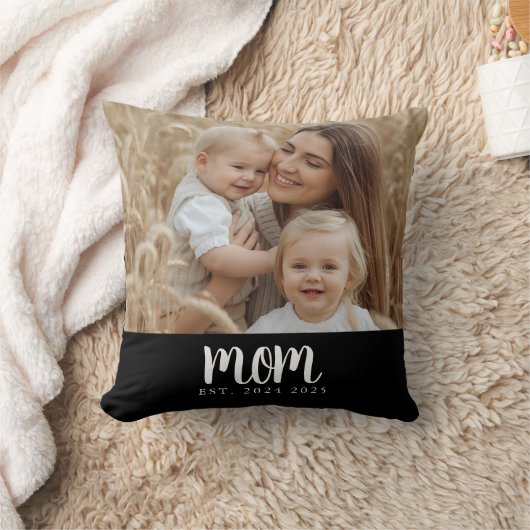 Mom Established Black Modern Script Photo クッション (ブランケット)