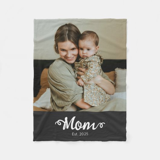 Mom Established Black Modern Script Photo フリースブランケット (正面)
