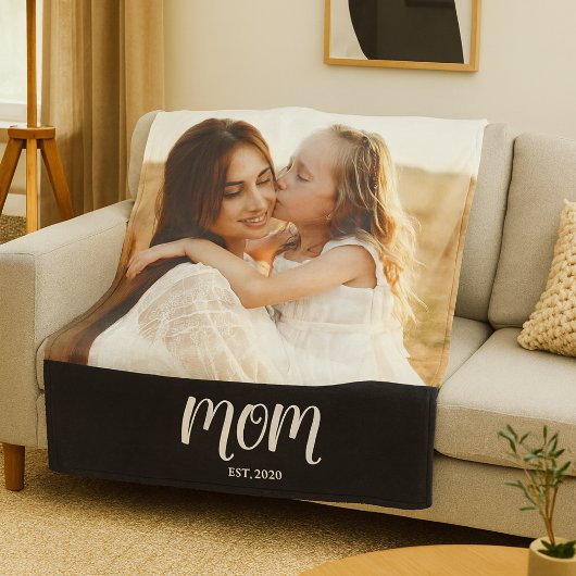 Mom Established Black Modern Script Photo フリースブランケット