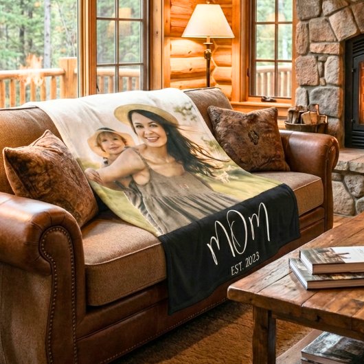Mom Established Black Modern Script Photo フリースブランケット