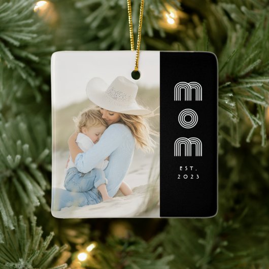 Mom Established Black White Retro Script Photo  セラミックオーナメント (ツリー)