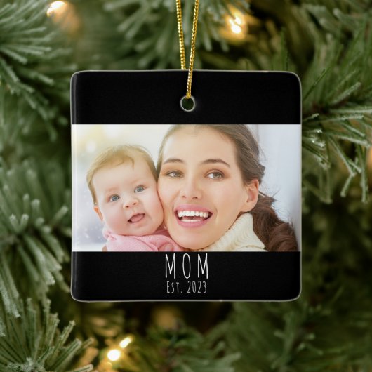 Mom Established Black White Script Photo セラミックオーナメント (ツリー)