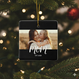 Mom Established Black White Script Photo  セラミックオーナメント