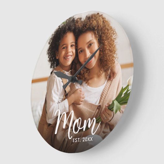 Mom Established Date White Script Custom Photo ラージ壁時計 (傾斜)