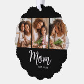 Mom Established Date White Script on Black 3 Photo オーナメントカード (左)