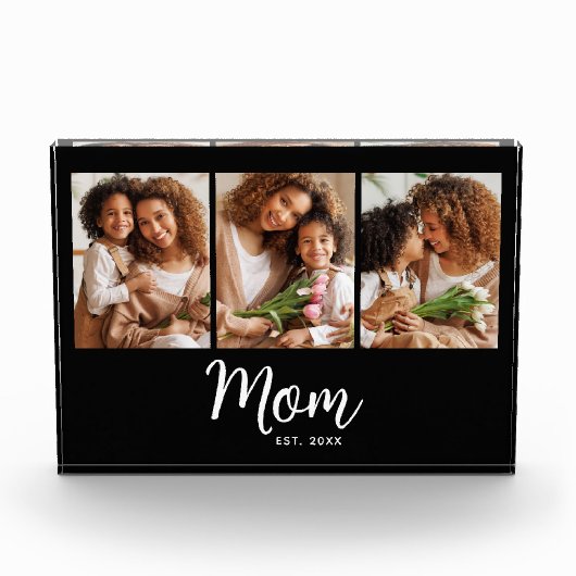 Mom Established Date White Script on Black Modern フォトブロック (正面)