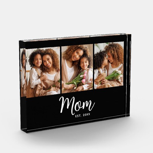 Mom Established Date White Script on Black Modern フォトブロック (左)