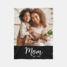 Mom Established Date White Script on Black Photo フリースブランケット