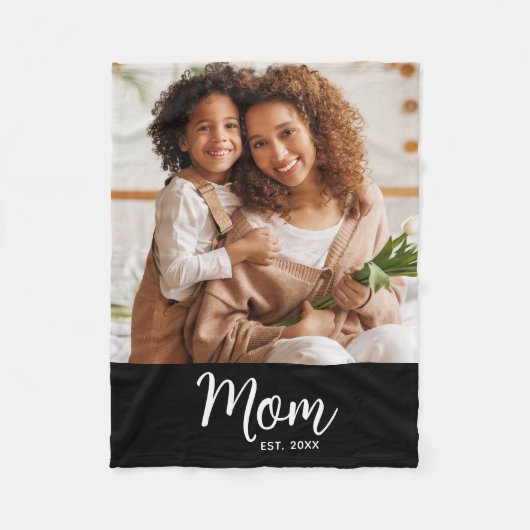 Mom Established Date White Script on Black Photo フリースブランケット (正面)