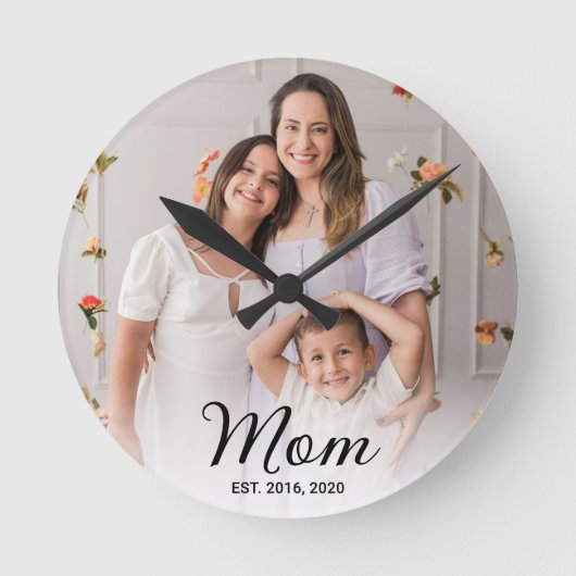 Mom Established Modern Black Script Photo  ラウンド壁時計 (正面)