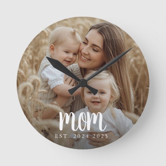 Mom Established Modern Minimal Script Photo ラウンド壁時計 (正面)