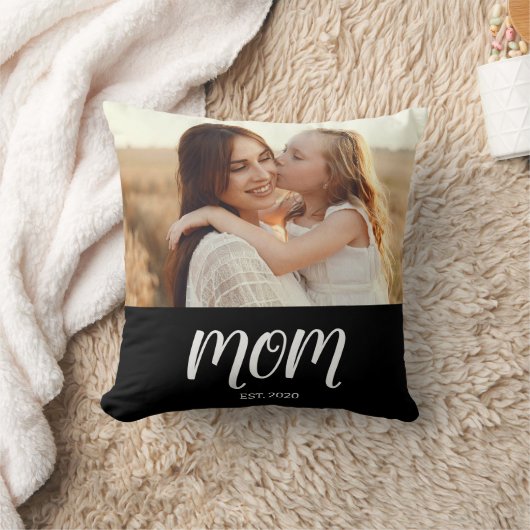 Mom Established Modern Script Photo Throw Pillow クッション (ブランケット)