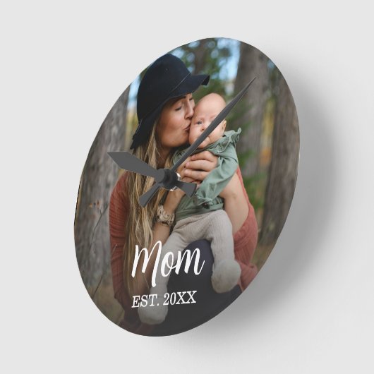Mom Established Modern Typography Photo Wall Clock ラウンド壁時計 (傾斜)