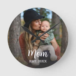 Mom Established Modern Typography Photo Wall Clock ラウンド壁時計