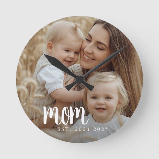 Mom Established Modern White Script Photo ラウンド壁時計 (正面)