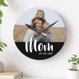 Mom Established Modern White Script Photo ラウンド壁時計