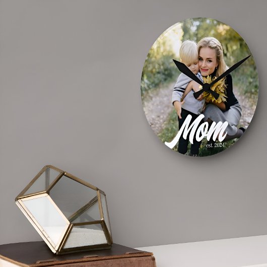 Mom Established Modern White Script Photo ラウンド壁時計