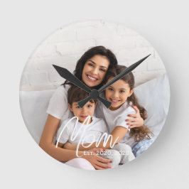 Mom Established Modern White Script Photo  ラウンド壁時計