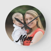Mom Established Modern White Script Photo ラウンド壁時計 (正面)