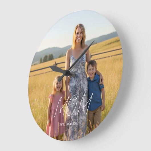 Mom Established Modern White Script Photo ラージ壁時計 (傾斜)