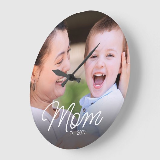 Mom Established Modern White Script Photo ラージ壁時計 (傾斜)
