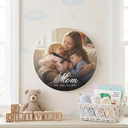Mom Established Modern White Script Photo ラージ壁時計