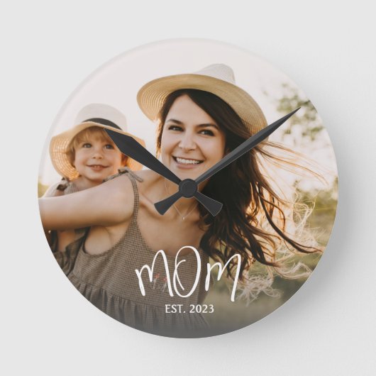 Mom Established Modern White Script Photo Round Cl ラウンド壁時計 (正面)